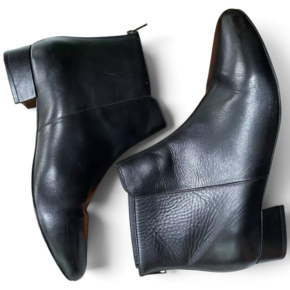 Seychelles Black Genuine Leather Ankle Boots Back Zip Almond Toe Block Heel 10